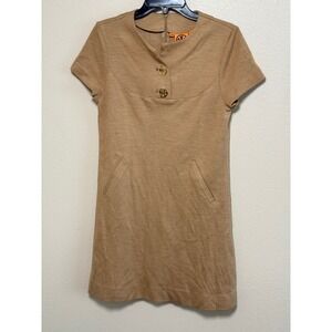Tory Burch Women Camel Tan Short Sleeve Logo Button Shift Dress Size XS
